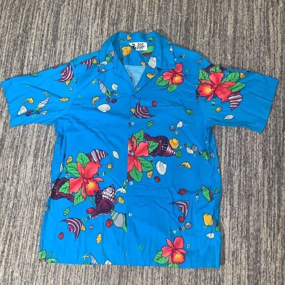Hilo Hattie Mens Size Medium Hawaiian Button Front‎ Shirt Blue Short Sleeve - Picture 1 of 5